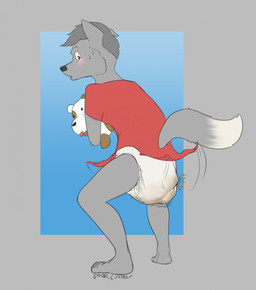 anthro biped bodily_fluids clothing diaper feces feet humanoid_feet male plantigrade plushie pooping scatplay soiled_diaper soiling soiling_diaper solo sweat unclean_diaper used_diaper smallcircles jimmy_wuffster canid canine canis mammal wolf character_request hi_res
