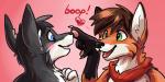 anthro black_hair black_nose blue_eyes blush boop duo fur green_eyes hair heart_symbol male orange_body orange_fur orange_hair poking smile teeth white_body white_fur klippy canid canine canis fox mammal wolf 2:1