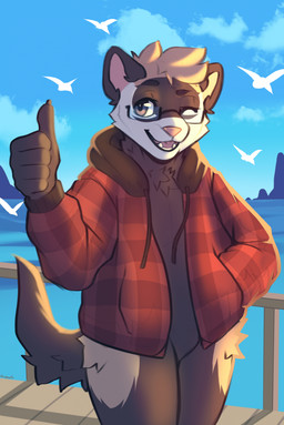 anthro brown_body brown_eyes brown_fur checkered checkered_clothing checkered_topwear cheek_tuft claws clothing cloud detailed_background eyewear facial_markings facial_tuft fangs fence fluffy fluffy_tail fur furry_tail gesture glasses hand_gesture head_markings hoodie looking_at_viewer male markings mask_(marking) mountain one_eye_closed open_mouth pattern_clothing pattern_topwear pink_nose sea seaside solo tail tan_body tan_fur teeth thumbs_up topwear tuft water wink winking_at_viewer wood wood_fence kaionart fenrir_the_ferret domestic_ferret mammal mustelid musteline true_musteline weasel 2025 digital_drawing_(artwork) digital_media_(artwork) hi_res signature