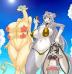 4_breasts anthro bare_shoulders big_breasts blue_eyes blue_sky blush bottomwear breasts chest_tuft clothed clothing cloud collar crotch_tuft curvy_figure cute_fangs fangs female flat_chested food frilly fruit fur fur_tuft green_hair grey_body grey_fur group hair hand_on_chest hand_on_hip huge_breasts long_ears long_hair melon multi_breast multicolored_body multicolored_fur navel nipple_outline outside pink_bottomwear pink_clothing pink_topwear plant pubic_mound seashell_panties size_difference skimpy sky starfish_(accessory) starfish_bra sun tail tail_tuft teeth tied_hair topwear tuft voluptuous watermelon wet yellow_bottomwear yellow_clothing yellow_topwear namu_gunsou mythology hororo asterozoan domestic_cat dragon echinoderm felid feline felis lagomorph leporid mammal marine mythological_creature mythological_scalie rabbit scalie starfish hi_res portrait three-quarter_portrait