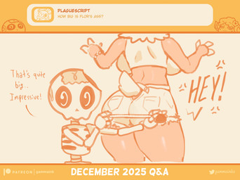anthro back_boob bone bottomwear breasts butt clothed clothing duo eyebrows faceless_character female fingers furgonomic_bottomwear furgonomics hotpants looking_at_viewer q&a shorts simple_background skeleton tail text topwear gammainks flor_(gammainks) gamma_(gammainks) idubbbz animated_skeleton bovid caprine mammal sheep undead 2025 absurd_res artist_name digital_media_(artwork) english_text hi_res meme monochrome orange_monochrome