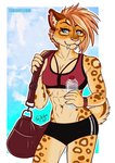 abs anthro athletic athletic_anthro athletic_female blue_eyes bottomwear bra breasts clothing fangs female hair notched_ear pink_nose pose sabertooth_(anatomy) shorts small_breasts solo sports_bra teeth text underwear toxi_de_vyne_(artist) felid feline mammal pinup url