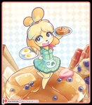 alternative_fashion anthro bacon barefoot bell black_nose blonde_hair blueberry_(fruit) blush blush_stickers bread butter checkered checkered_background clothed clothing country_lolita dairy_products dipstick_tail dress eyebrow_through_hair eyebrows feet female food fried_egg fruit fur grey_eyes hair j-fashion jingle_bell kerchief lolita_(fashion) looking_up markings meat multicolored_tail name_tag neckerchief neckwear on_one_leg open_mouth pancake pattern_background pink_kerchief pink_neckerchief plant simple_background smile solo standing strawberry syrup tail tail_markings tied_hair toast topknot translucent translucent_hair waffle waiter yellow_body yellow_fur melangetic animal_crossing nintendo isabelle_(animal_crossing) canid canine canis domestic_dog mammal shih_tzu toy_dog absurd_res hi_res