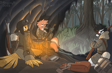 ambiguous_gender anthro backpack cave clothing cooking fire group gun lute musical_instrument musket plant plucked_string_instrument raining ranged_weapon sitting smile string_instrument tree trio weapon roawayart avian 2023 hi_res