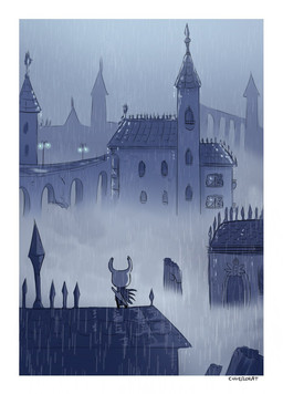 2_horns ambiguous_gender biped building cloak clothing detailed_background horn melee_weapon nail_(weapon) raining solo standing text weapon weapon_on_back churrokat hollow_knight_(franchise) team_cherry the_knight_(hollow_knight) arthropod vessel_(species) 2020 artist_name hi_res