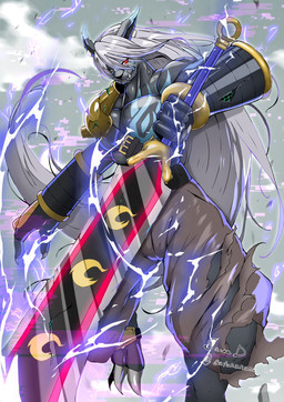 anthro armor black_body black_fur claws fur greatsword hair male melee_weapon muscular muscular_anthro muscular_male pauldron pecs red_eyes solo sword weapon white_hair sutunununu bandai_namco digimon digimon_(species) felid mammal murasamemon pantherine hi_res