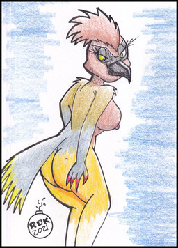 anthro beak breasts butt feathers female green_eyes looking_at_viewer nipples non-mammal_breasts non-mammal_nipples nude solo reddragonkan avian cedar_waxwing character_request traditional_media_(artwork)