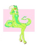 2024 2_horns anthro biped claws digitigrade female green_body green_eyes hi_res horn hybrid kobold long_tail phytuna pupils reptile scalie simple_background sitting slit_pupils snaggle_tooth snake snake_hood solo tail toe_claws