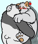 anthro biped black_nose blush butt duo feet grey_body heart_symbol hug kissing male male/male simple_background slightly_chubby jakegr bod kanon bear canid canine canis domestic_dog giant_panda mammal 2022 hi_res