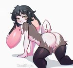 all_fours anthro biped black_hair butt clothing female fur green_eyes grey_body grey_fur hair huge_ears legwear legwear_only long_ears looking_at_viewer mostly_nude simple_background smile solo stockings stockings_only thigh_highs thigh_highs_only vulva white_background white_body white_fur ranillopa nat_(vesperinox) lagomorph leporid mammal rabbit