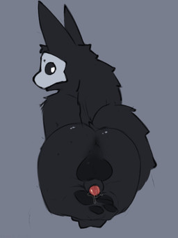 animal_genitalia anthro anus balls black_body black_fur bodily_fluids butt fur genitals looking_at_viewer looking_back male nude penis presenting presenting_hindquarters presenting_penis sheath simple_background solo kreivi_ruche changed_(video_game) puro_(changed) canid canine canis goo_creature mammal wolf
