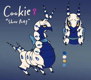 blue_body blue_bow blue_eyeshadow bodily_fluids exoskeleton eyeshadow female feral looking_at_viewer makeup markings nervous nervous_sweat quadruped solo spines sweat yellow_sclera corporaltaffy nintendo pokemon cookie_(corporaltaffy) fan_character arthropod generation_5_pokemon pokemon_(species) scolipede 2026 digital_media_(artwork) hi_res model_sheet