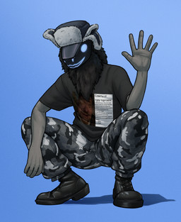 anthro clothed clothing crouching gesture gopnik hat headgear headwear looking_at_viewer machine male pose simple_background smile solo text topwear ushanka waving tall_lizzard sidorovich_(s.t.a.l.k.e.r.) protogen pinup russian_text translation_check