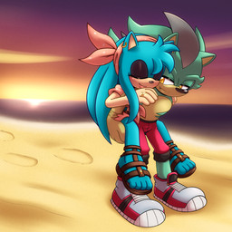 anthro beach biped black_nose blue_body bottomwear carrying_another closed_smile clothed clothing countershade_face countershade_torso countershading duo ear_piercing ear_ring eyes_closed fangs female footwear green_body green_eyes head_tuft kerchief looking_at_another male male/female mouth_closed multicolored_body pants piercing ring ring_piercing sandals seaside shoes smile sneakers sunset tan_body teeth tuft two_tone_body hyoumaru sega sonic_the_hedgehog_(series) agressive_the_hedgehog fan_character purity_the_hedgehog eulipotyphlan hedgehog mammal 1:1 2023 absurd_res hi_res