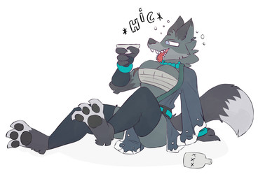 alcohol alcohol_bottle anthro beverage beverage_bottle bottle breasts chest_wraps cleavage clothed clothing container drunk female footwear hiccuping holding_container holding_object knee_highs knee_socks legwear nipple_outline nipples_visible_through_clothing pawpads sitting socks substance_intoxication tongue tongue_out wraps josycid canid canine canis mammal wolf hi_res