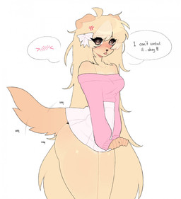 accessory ahoge anthro bangs blep blonde_hair blush bottomwear bow_ribbon breasts brown_eyes brown_nose butt clothing embarrassed eyelashes female fingers floppy_ears fur hair hair_accessory hair_bow hair_ribbon long_eyelashes long_hair looking_at_viewer medium_breasts pink_clothing pink_tongue pink_topwear ribbons simple_background skirt solo speech_bubble tail tail_motion tailwag talking_to_viewer text thick_thighs tongue tongue_out topwear white_background white_bottomwear white_bow white_clothing white_skirt yellow_body yellow_fur pomfishee canid canine canis domestic_dog mammal colored digital_drawing_(artwork) digital_media_(artwork) english_text hi_res trans_(lore)