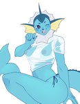 anthro blue_nipples breasts clothing female nipples one_eye_closed shirt solo topwear wet wet_clothing wet_shirt wet_topwear wink ayannzer nintendo pokemon eeveelution generation_1_pokemon pokemon_(species) vaporeon absurd_res hi_res sketch