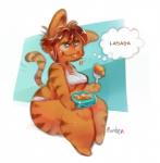 anthro biped breasts clothed clothing crossgender cutlery eating female food fork fur kitchen_utensils lasagna orange_body orange_fur panties pasta shirt simple_background sitting smile solo stripes tank_top thought_bubble tools topwear under_boob underwear panken garfield_(series) garfield_the_cat domestic_cat felid feline felis mammal