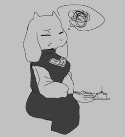 anthro biped bodily_fluids breasts butt clothed clothing eyes_closed female floppy_ears food fur grey_background horn pastry pie simple_background sitting solo sweat thought_bubble meckmeck00124 undertale_(series) toriel boss_monster_(undertale) bovid caprine goat mammal monochrome