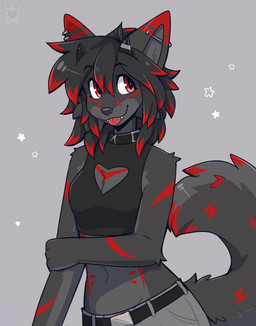 anthro black_clothing black_collar black_crop_top black_hair black_horn black_nose black_shirt black_topwear blep bottomwear breasts clothing collar crop_top ear_piercing eyelashes facial_piercing female fur grey_body grey_fur hair horn long_hair looking_away markings multicolored_hair navel nose_piercing pants piercing red_eyes red_hair red_markings shirt simple_background smile solo tail tongue tongue_out topwear two_tone_hair fleurfurr wulfy_(wulfypaws) canid canine fox mammal cel_shading colored digital_drawing_(artwork) digital_media_(artwork) hi_res shaded
