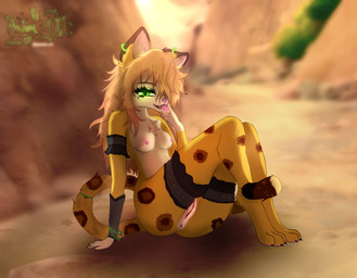 anthro anus breasts cunnilingus_gesture female fur fur_markings genitals gesture green_eyes hair jewelry markings nipples nude paws sitting solo suggestive suggestive_gesture tail tongue tongue_out vulva yellow_body yellow_fur astralia felid leopard mammal pantherine absurd_res hi_res