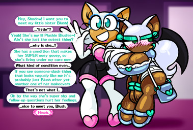 anthro big_breasts big_butt blush blush_lines boots breasts butt clothed clothing dialogue duo ear_piercing ear_ring embarrassed female footwear gesture green_eyes jewelry legwear looking_away piercing ring_piercing shoes text thigh_boots thigh_highs waving frostlock sega sonic_the_hedgehog_(series) blush_the_bat rouge_the_bat bat mammal english_text