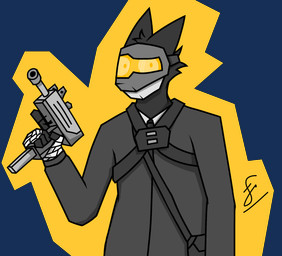 accessory ambiguous_gender anthro bandage bandage_on_head bandage_wraps bandaged_hand bandolier belt black_body black_fur bottomwear clothed clothing coat face_shield fingers fur grey_mask gun headgear headwear holding_gun holding_object holding_ranged_weapon holding_weapon looking_at_viewer mask necktie orange_sclera ranged_weapon simple_background solo standing submachine_gun topwear trenchcoat uzi weapon welding_mask fr4ncisd0ublea casualties:_unknown gunsaw madness_combat a.t.p._engineer_(madness_combat) canid canine expie_(gunsawian) fox gunsawian hybrid mammal murid murine rat rodent crossover digital_media_(artwork) hi_res signature tagme