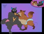 anthro belly briefs clothing duo eating food hug humanoid_hands male male/male obese obese_male overweight overweight_male pink_briefs pink_clothing pink_underwear pizza sitting underwear basicbiscuit disney zootopia axel_(axelthewerewolf) gideon_grey canid canine canis fox mammal red_fox true_fox wolf 2020 hi_res