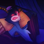 anthro bed clothed clothing furniture male on_bed red_eyes robe seductive selfie solo vivzmind helluva_boss instagram stolas_(helluva_boss) avian bird demon owl 1:1 official_art