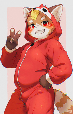 anthro black_nose clothed clothing fur gesture hand_gesture kemono looking_at_viewer male novelty_clothing onesie pajamas pointy_ears red_eyes slightly_chubby solo striped_body striped_fur stripes tan_body tan_fur v_sign white_body white_fur young young_anthro young_male tcho ailurid mammal red_panda absurd_res hi_res