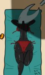 anthro back_boob beach breasts female high-angle_view lying on_front seaside simple_background solo sunbathing tanning_lotion towel umbrella untied_bikini six343 hollow_knight team_cherry hornet_(hollow_knight) arthropod featureless_(disambiguation) hi_res