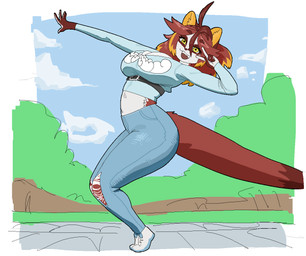 5_fingers ahoge anthro belt big_breasts big_butt biped blue_bottomwear blue_clothing blue_jeans blue_pants bottomwear breasts butt clothed clothing cloud countershade_fur countershade_torso countershading denim denim_bottomwear denim_clothing dipstick_tail eyelashes female fingers footwear fully_clothed fur gesture grass hair hand_gesture happy high_waisted_bottomwear highlights_(coloring) jeans legwear looking_at_viewer markings midriff multicolored_body multicolored_fur multicolored_hair navel open_mouth open_smile outside pants plant pose posing_for_picture red_body red_fur red_hair red_tail shirt shoes side_view simple_background sky smile smiling_at_viewer sneakers solo standing tail tail_markings teeth thick_thighs tight_clothing topwear torn_bottomwear torn_clothing torn_jeans torn_pants tree two_tone_body two_tone_fur two_tone_hair v_sign white_body white_clothing white_countershading white_footwear white_fur white_shoes yellow_eyes realius australian_possum mammal marsupial petaurid sugar_glider digital_media_(artwork) pixel_(artwork)