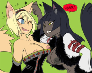 accessory areola armwear big_breasts black_hair blonde_hair blue_eyes breasts cleavage clothed clothing dark_nipples detached_sleeves duo ear_pull fangs female green_eyes grey_body grey_skin hair hair_accessory hairband long_hair one_eye_closed open_clothing open_shirt open_topwear shirt teeth topwear wink crybringer black_friday_(crybringer) friday_(crybringer) animal_humanoid canid canid_humanoid canine canine_humanoid fox_humanoid humanoid mammal mammal_humanoid 5:4