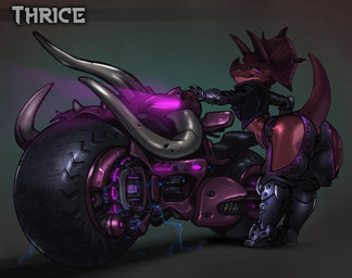 anthro big_breasts breasts butt clothing electricity facial_horn female grey_background horn jacket looking_at_viewer looking_back looking_back_at_viewer motorcycle nose_horn pink_eyes raised_tail red_body red_scales scales simple_background smile solo tail text thick_thighs topwear vehicle wide_hips bleats ceratopsian ceratopsid chasmosaurine dinosaur marginocephalian ornithischian prehistoric_species reptile scalie triceratops 2019 digital_media_(artwork)
