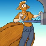 anthro black_nose breasts clothing featureless_breasts female gradient_background navel simple_background solo tools torn_clothing worker wrench foxenawolf gluneria_fullin canid canine dreamspinner fox mammal 1:1