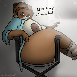 anthro areola big_breasts big_butt biped breasts butt chair cigarette cigarette_smoke clenched_teeth clothed clothing dialogue female footwear fur furniture half-closed_eyes holding_cigarette holding_object looking_at_viewer mostly_nude mostly_nude_anthro mostly_nude_female narrowed_eyes nipples obese obese_anthro obese_female on_chair open_clothing open_robe overweight overweight_anthro overweight_female robe side_view sitting sitting_on_chair smile smiling_at_viewer smoke socks solo stretch_marks talking_to_viewer teeth text oystercatcher7 over_the_hedge rj_(over_the_hedge) mammal procyonid raccoon 1:1 2025 artist_name digital_drawing_(artwork) digital_media_(artwork) english_text handwritten_text hi_res shaded soft_shading