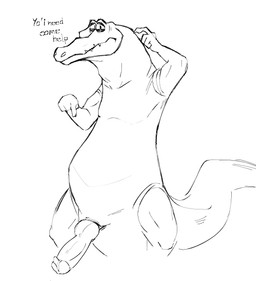 animal_genitalia anthro asking_for_help belly big_tail cloaca erection genitals male nervous overweight penis sharp_teeth solo tail teeth text ikaro wallace crocodile crocodilian reptile scalie english_text hi_res monochrome