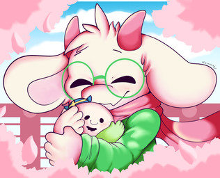 anthro blush cherry_blossom duo eyes_closed eyewear facial_hair flower fur glasses goatee hair horn hug male male_anthro plant prunus_(flower) round_glasses wearing_glasses gortmorzel deltarune undertale_(series) vargskelethor vinesauce ralsei vargfren bovid caprine goat human mammal 2026 digital_media_(artwork)