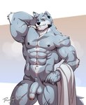 2023 abs anthro balls canid canine canis casual_nudity domestic_dog flaccid foreskin fur genitals hi_res humanoid_genitalia humanoid_penis looking_at_viewer male mammal manly muscular muscular_anthro muscular_male nipples nude pecs penis raytig12 simple_background solo tail
