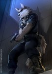 5_fingers anthro blue_eyes boots bottomwear clothing fingers footwear gun holding_object holding_weapon male pants plantigrade ranged_weapon shoes solo text topwear uniform weapon year powree canid canine canis mammal wolf 2022 english_text hi_res signature