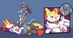 2019 anthro areola blue_background blue_body blue_eyes blue_fur blush bodily_fluids braixen breast_grab breast_play breasts canid canine close-up cum cum_on_breasts cum_on_face cum_on_tongue cumshot cutaway duo ejaculation erection female fiona_elrond fizzy-dog fox fur generation_4_pokemon generation_6_pokemon genital_fluids genitals hand_on_breast happy hi_res jewelry kneeling leg_grab looking_up lucario lying male male/female mammal necklace nintendo nipples nude on_back one_eye_closed orange_body orange_fur penis pillow pink_areola pink_nipples pokemon pokemon_(species) red_eyes riky_elrond romantic romantic_couple sex simple_background smile tan_body tan_fur thigh_grab titfuck tongue tongue_out white_body white_fur yellow_body yellow_fur