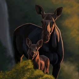 brown_body brown_fur duo female feral forest fur light plant quadruped short_fur shrub sunlight tree young agustindiazart deer mammal moose new_world_deer 1:1 2022 hi_res painting_(artwork) mother_(lore) mother_and_child_(lore) parent_(lore) parent_and_child_(lore)