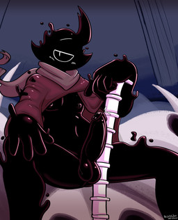 1_eye balls big_penis black_balls black_body black_glans black_horn black_nipples black_penis black_sclera blush bodily_fluids cloak clothing erection genitals glans horn humanoid_genitalia humanoid_penis looking_away male nipples not_furry penis purple_balls purple_cloak purple_clothing purple_glans purple_horn purple_penis purple_scarf raised_cloak scarf sitting solo spread_legs spreading sweat throbbing throbbing_penis white_eyes felino iubi_(felino) goo_creature humanoid shadow_creature 2025 absurd_res hi_res