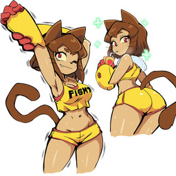 anthro beverage bodily_fluids breasts brown_hair butt cleavage clothed clothing drinking female hair juice_(beverage) juice_box looking_at_viewer motion_lines navel one_eye_closed solo stretching sweat tail text text_on_clothing whiskers bocodamondo gameoverse glitch_productions kit_bodega domestic_cat felid feline felis mammal 1:1 absurd_res english_text hi_res