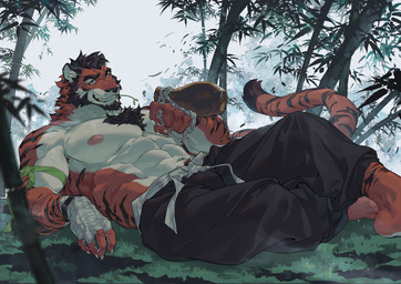 5_fingers abs alcohol anthro beard beverage biceps black_body black_bottomwear black_clothing black_hair black_pants body_hair bottomwear chest_hair chest_tuft claws clothed clothing facial_hair finger_claws fingers fur grass hair holding_object lying male muscular muscular_anthro muscular_male nipples obliques on_back orange_body orange_fur outside pants pecs pink_nipples plant smile solo striped_body striped_fur stripes tail topless topless_male tree tuft white_body white_fur wraps destroycode felid mammal pantherine tiger hi_res