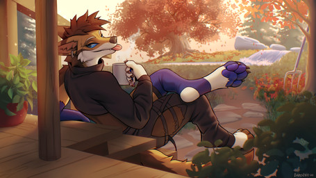 anthro biped bottomwear claws clothed clothed_anthro clothed_male clothing feet fingers fully_clothed fully_clothed_anthro fully_clothed_male fur hair looking_at_viewer male outside rear_view sitting smile solo tail teeth toes tongue topwear kero_tzuki canid canine fox mammal 16:9 2026 digital_drawing_(artwork) digital_media_(artwork) widescreen