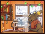 ambiguous_gender anthro beverage black_body black_fur black_nose book border cactus christmas_decorations christmas_lights coffee coffee_mug container cup detailed_background eyes_closed flower fur fur_markings furniture ice icicle inside markings mountain mug plant plant_pot red_border red_scarf scarf sitting smile snow solo table tree umbrella window yellow_body yellow_fur yellow_markings unsavoryimpcat nintendo pokemon eeveelution generation_2_pokemon pokemon_(species) umbreon 2020 hi_res
