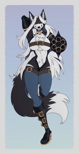 aiming_at_viewer aiming_gun aiming_weapon amber_eyes anthro armwear belt_bra black_body black_fur black_nose black_tail boots breasts clothing dipstick_tail female fishnet_armwear fishnet_clothing fishnet_legwear footwear fur gatling_gun gun gun_arm hair high_heeled_boots high_heels knee_boots knee_highs leggings legwear long_hair machine_gun markings medium_breasts minigun multicolored_body multicolored_fur pointy_ears ranged_weapon shoes solo tail tail_markings two_tone_body two_tone_fur weapon weapon_arm white_body white_fur white_hair white_tail_tip wirwik lena_the_jackal canid canine canis jackal mammal absurd_res hi_res