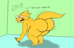 anthro bent_over big_breasts big_butt bodily_fluids breasts butt eyewear eyewear_only female glasses glasses_only looking_at_viewer nervous nervous_smile nervous_sweat nude pen solo surprise sweat text thick_thighs wearing_glasses wetwaffls undertale_(series) alphys dinosaur prehistoric_species reptile scalie english_text