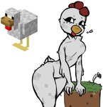 anthro avian_caruncle black_eyes breasts comb_(anatomy) dewlap_(anatomy) exclamation_point eyelashes feathers featureless_breasts featureless_crotch female grey_body grey_feathers head_crest simple_background solo thick_thighs wattle white_background wide_hips suspnik microsoft minecraft mojang xbox_game_studios avian bird chicken chicken_(minecraft) galliform gallus_(genus) phasianid